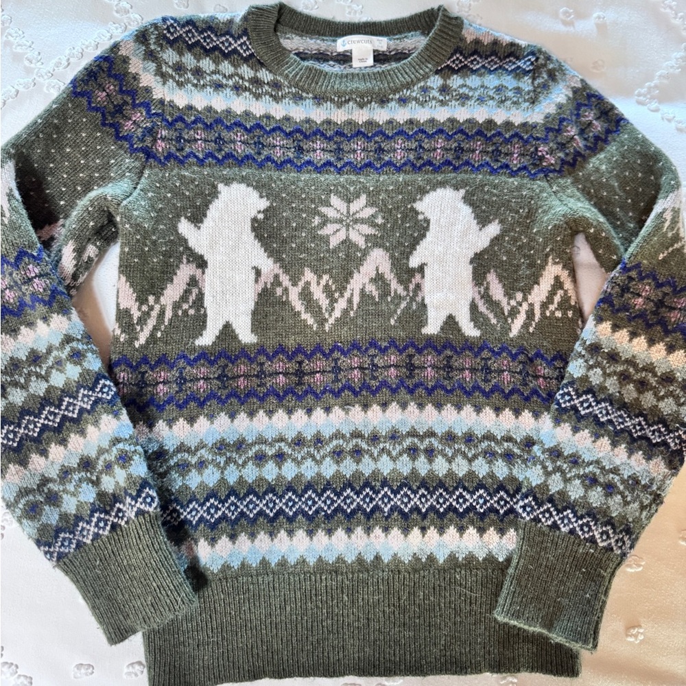 Crewcuts Olive Patterned Crewneck Sweater